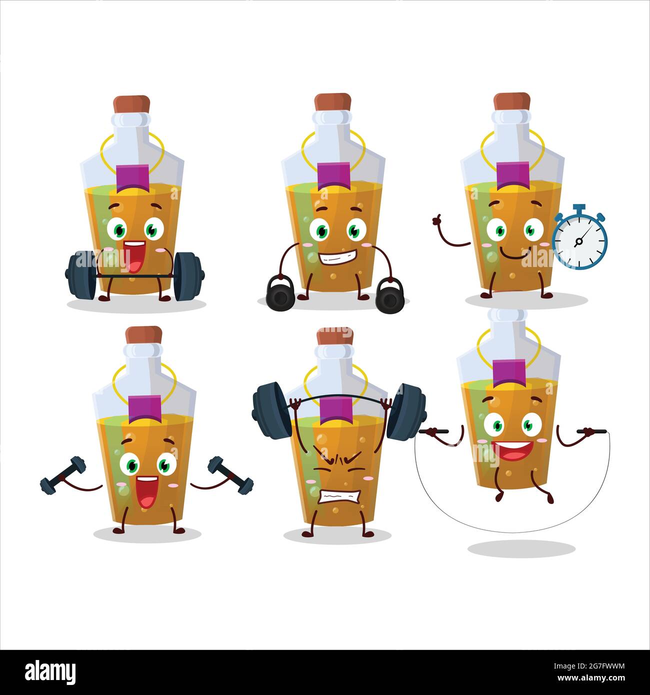 A healthy orange magic potion cartoon style trying some tools on Fitness center. Vector illustration Stock Vector