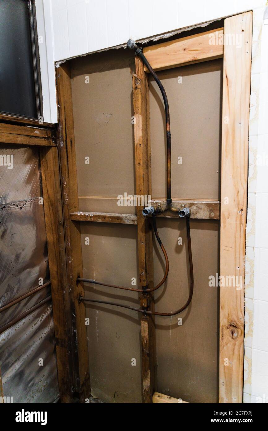 shower renovation with shower walls interior exposed and copper pipes,  concept of home renovations and tradesman work Stock Photo - Alamy