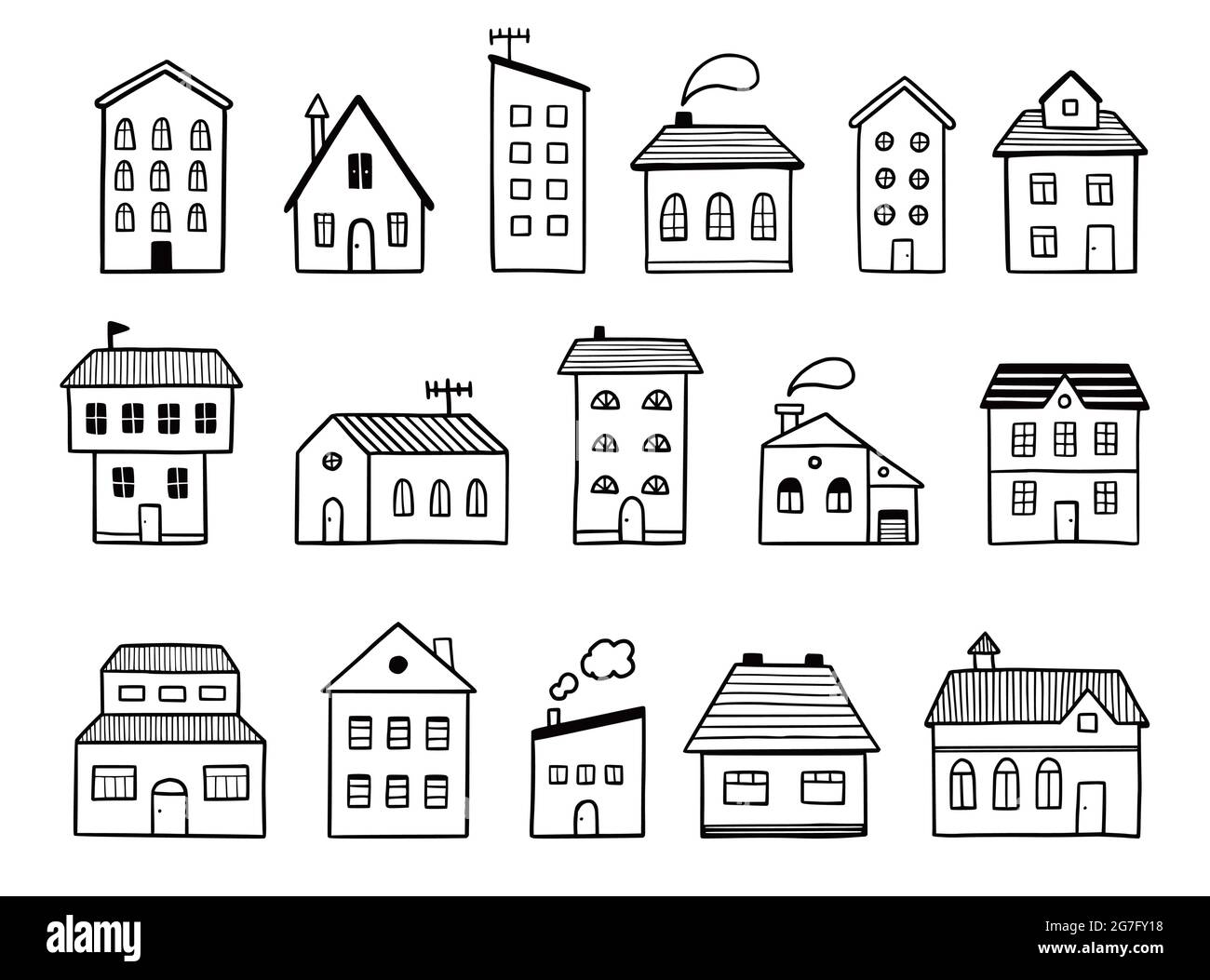 House doodle set. Hand drawn sketch style. House building with roof