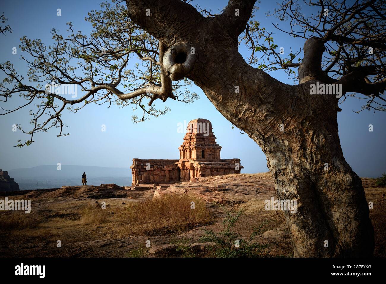 View of Upper Shivalaya on the top of northern rocky hill in Badami, Karnataka, India. It is unesco heritage site and place of amazing chalukya dynast Stock Photo