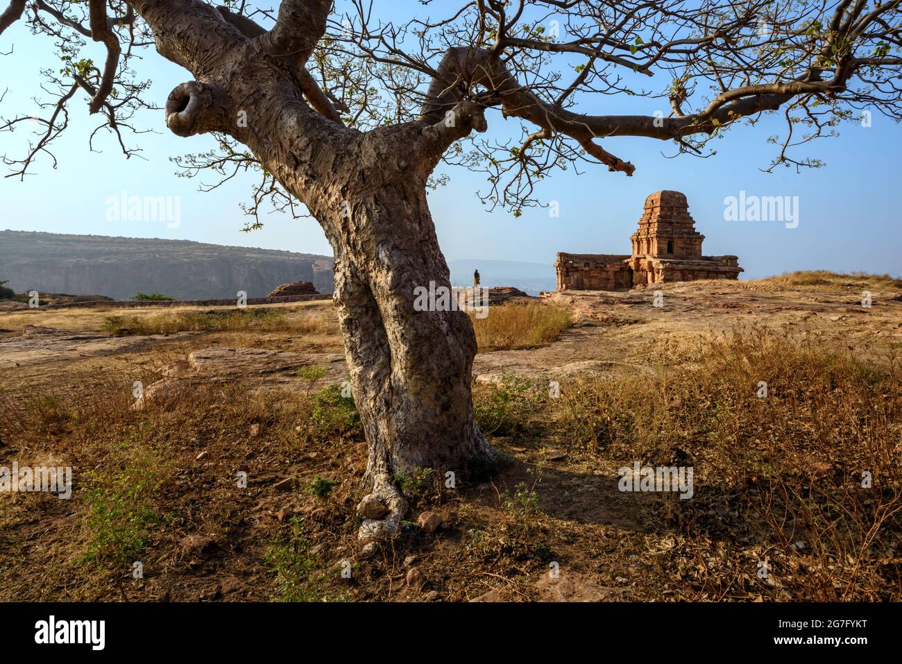 View of Upper Shivalaya on the top of northern rocky hill in Badami, Karnataka, India. It is unesco heritage site and place of amazing chalukya dynast Stock Photo
