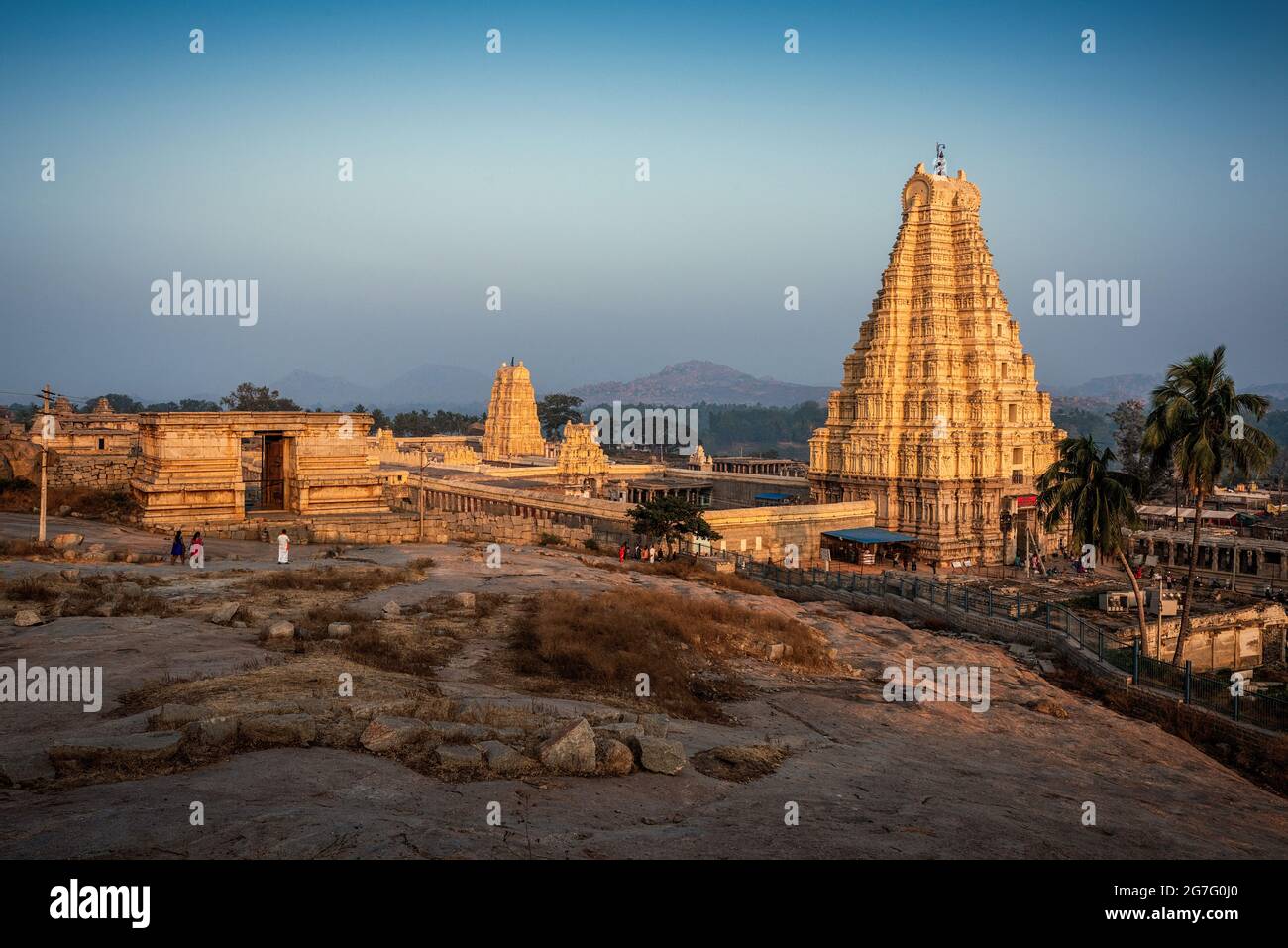 Stunning view at Sree Virupaksha Temple, located in the ruins of ancient city Vijayanagar at Hampi, it is UNESCO World Heritage Site. Karnataka, India Stock Photo