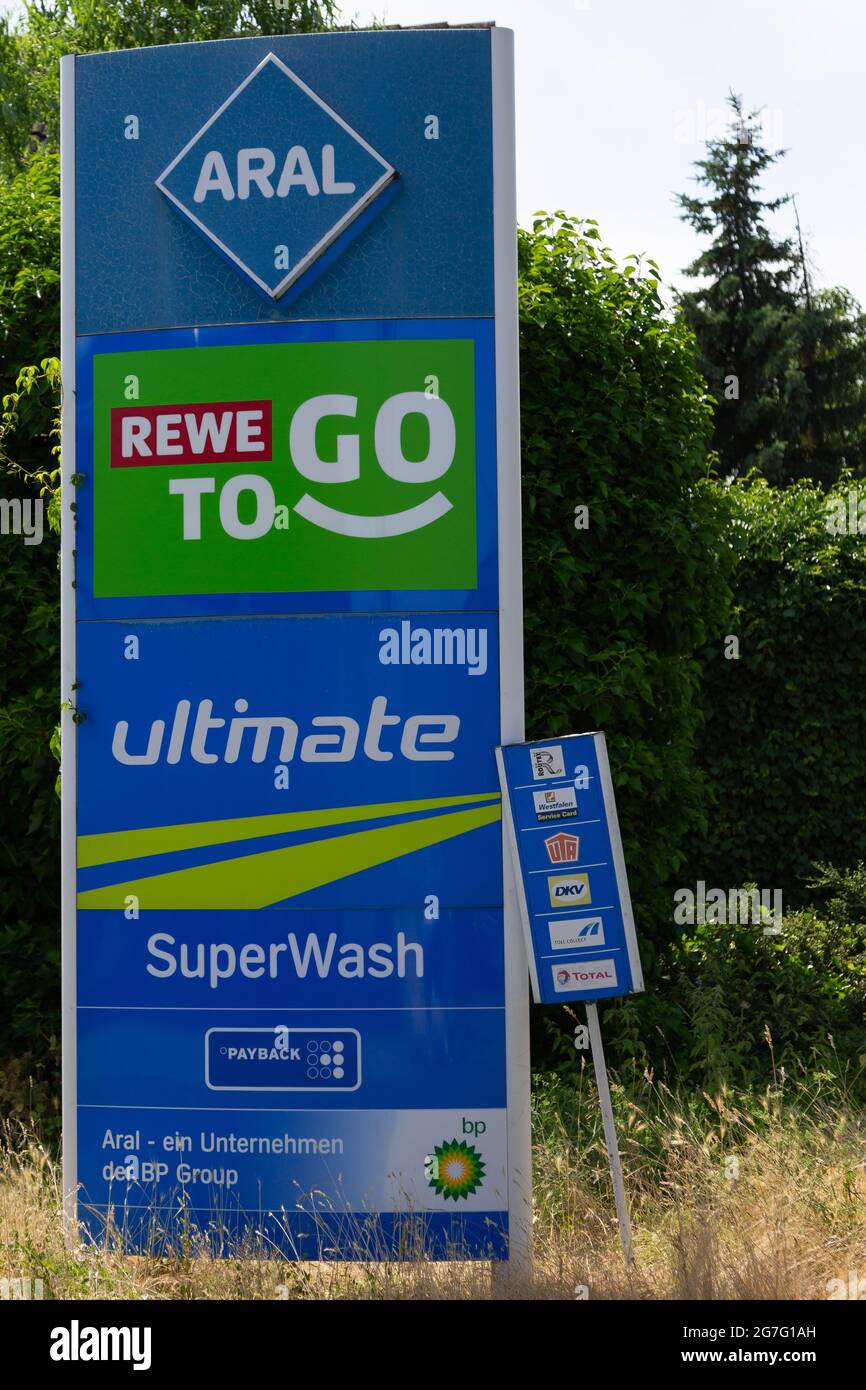 NEUWIED, GERMANY - Jun 20, 2021: Advertising display of an ARAL gas station. Aral is a brand of automobile gasl stations in Germany Stock Photo