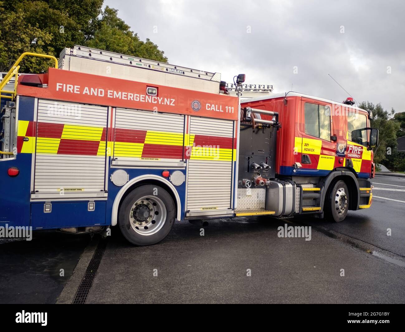 AUCKLAND, NEW ZEALAND - Jul 02, 2021: Scania fire engine truck in Howick. Auckland, New Zealand - Juky 4, 2021 Stock Photo