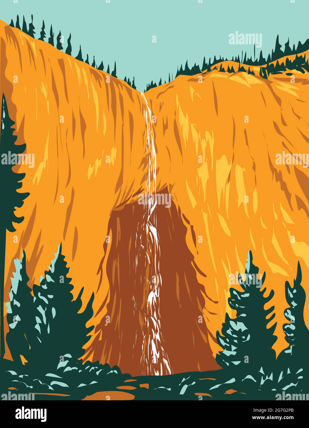 WPA poster art of Fairy Falls, one of Yellowstone's tallest waterfalls within Yellowstone National Park Teton County Wyoming USA done in works project Stock Vector