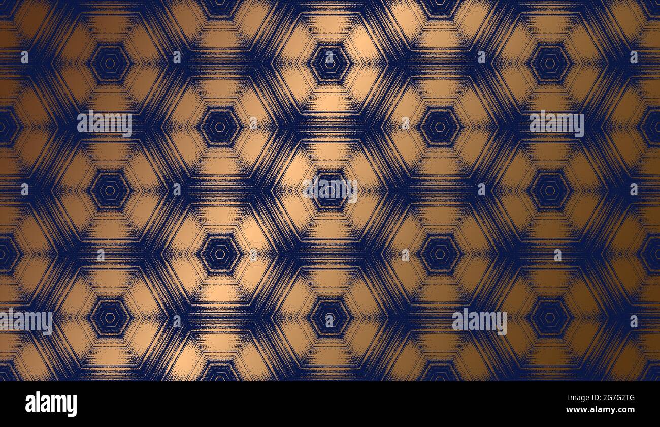 Abstract gold and dark blue textured pattern with kaleidoscope effect. Vector illustration. Symmetric geometric ornament for digital paper, wallpaper backdrop design, invitations, wrappings. Stock Vector