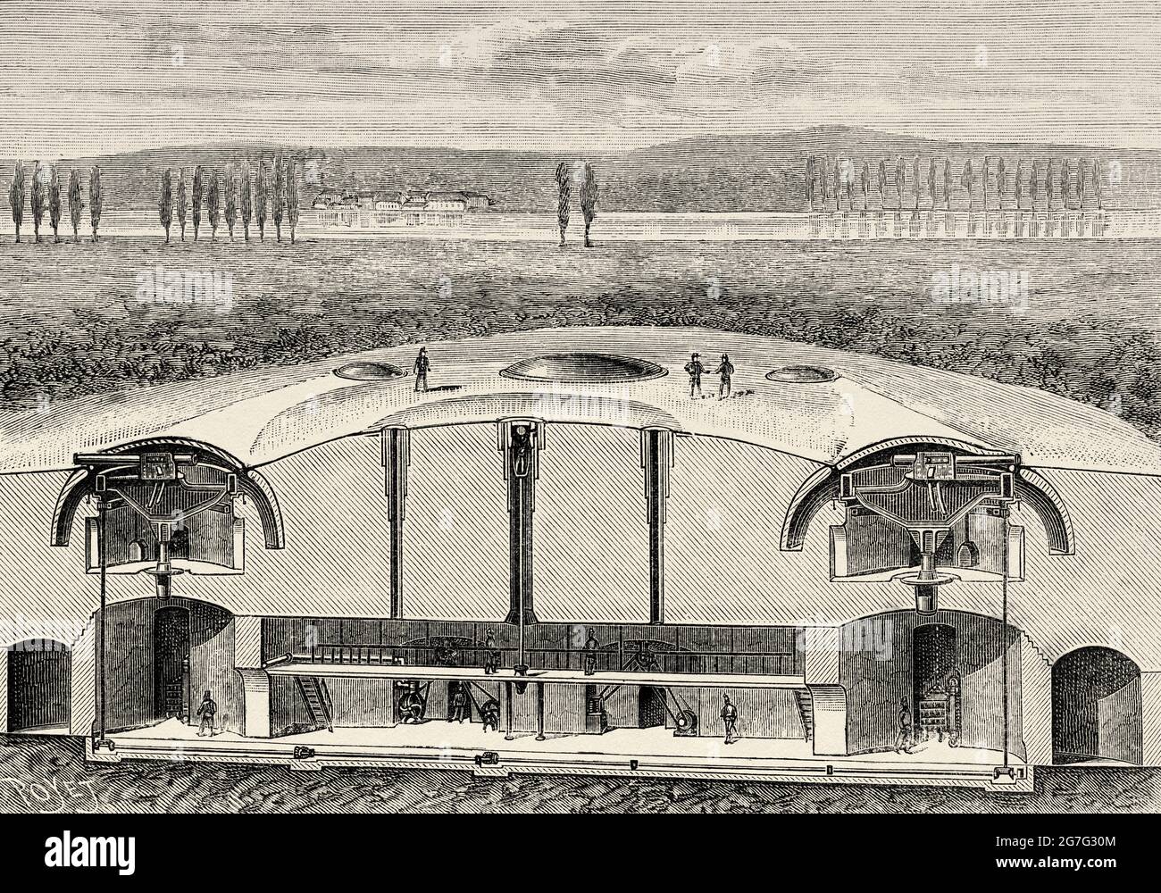 Commander Mougin's Fort de L'Avenir. Plan of the front of the underground fort and cut by the two large turrets at the rear. Old 19th century engraved illustration from La Nature 1888 Stock Photo
