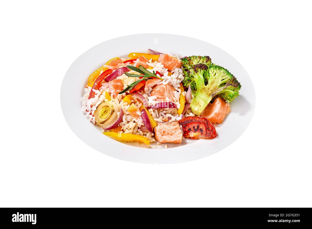 Rice pilaf with salmon and vegetables isolated on white Stock Photo Alamy