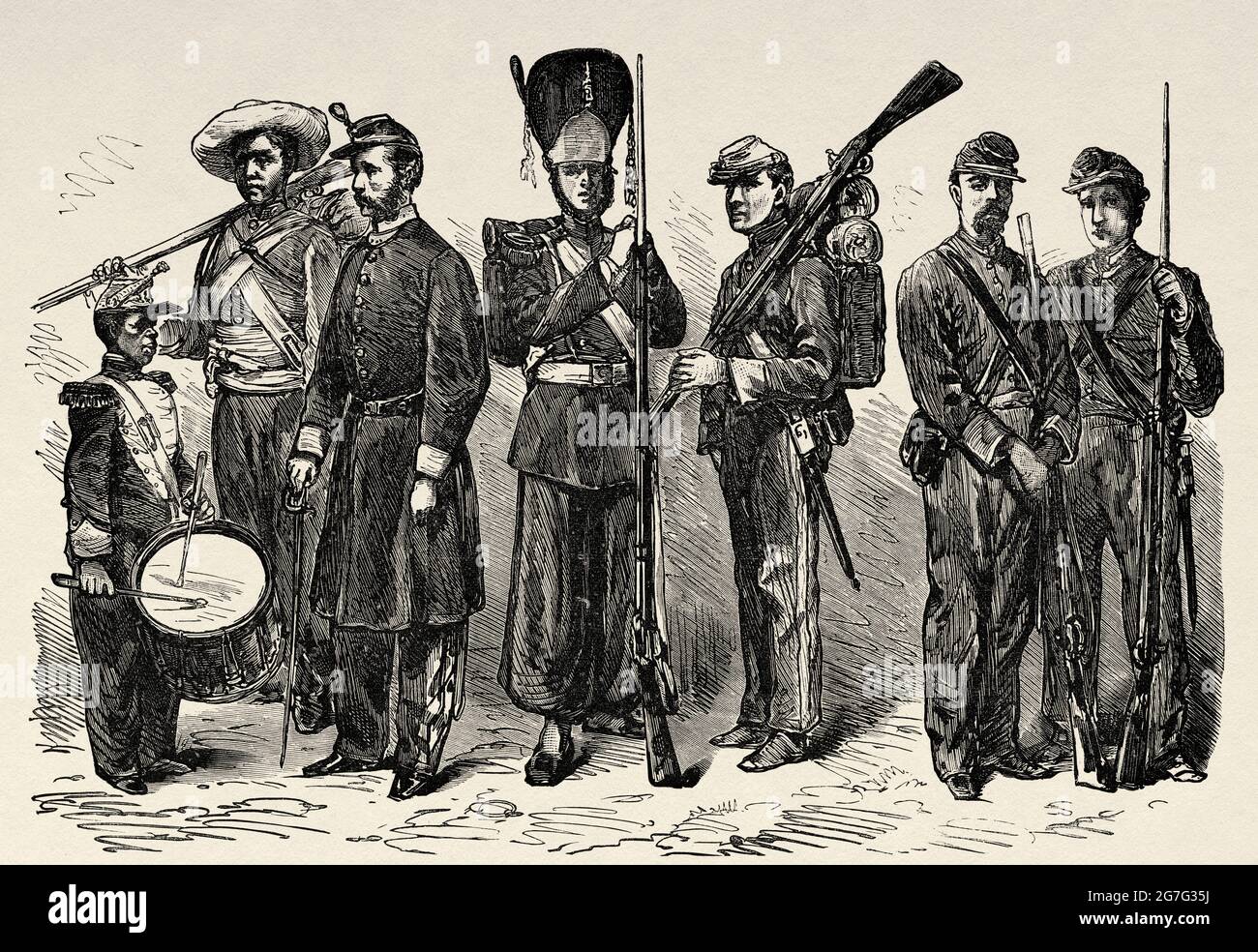 Peruvian, Bolivian and Chilean soldiers of the 19th century, South America. Old 19th century engraved illustration from El Mundo Ilustrado 1880 Stock Photo