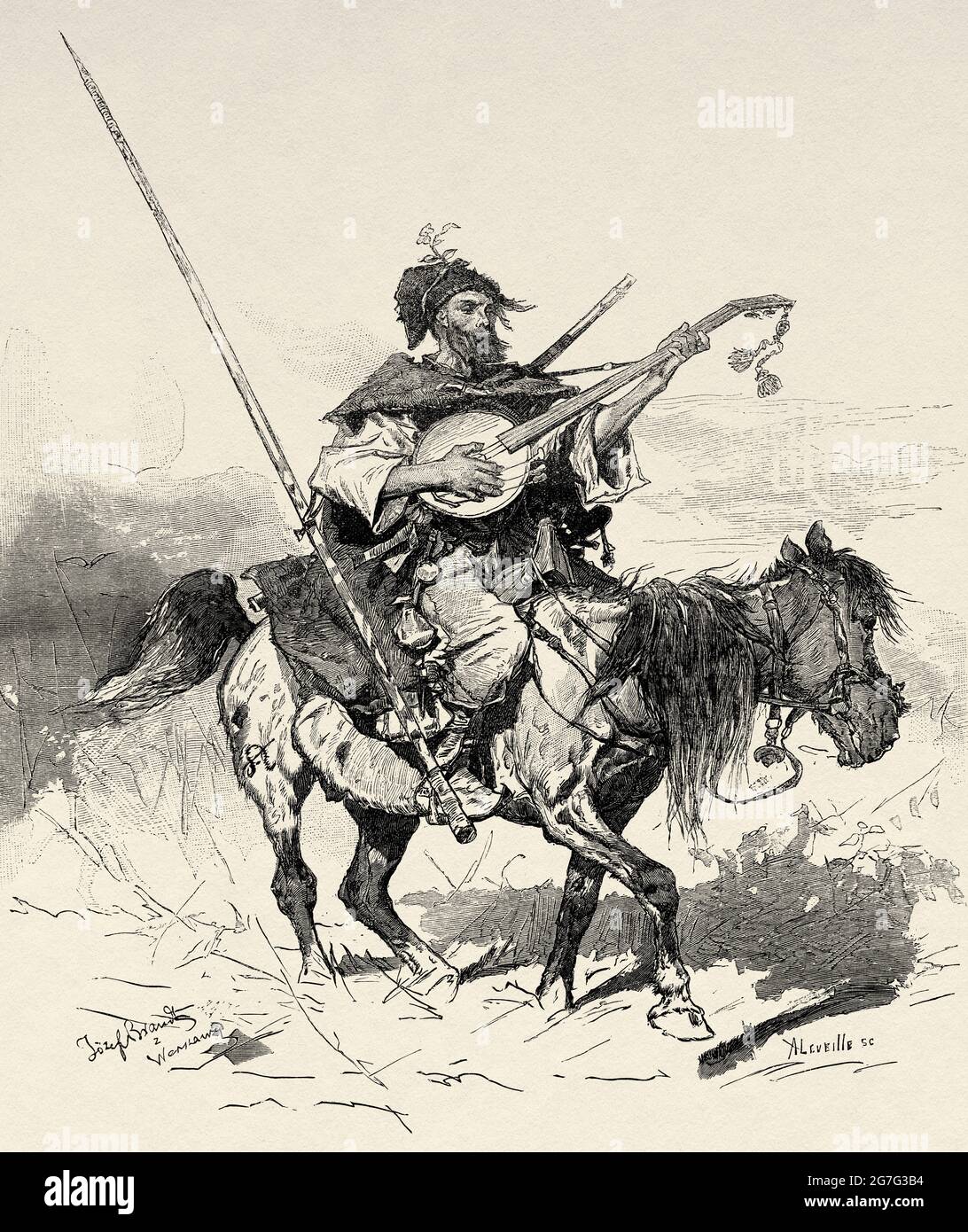 Ukrainian Cossack mounted on horseback playing a guitar, Ukraine, Europe. Old 19th century engraved illustration from El Mundo Ilustrado 1880 Stock Photo