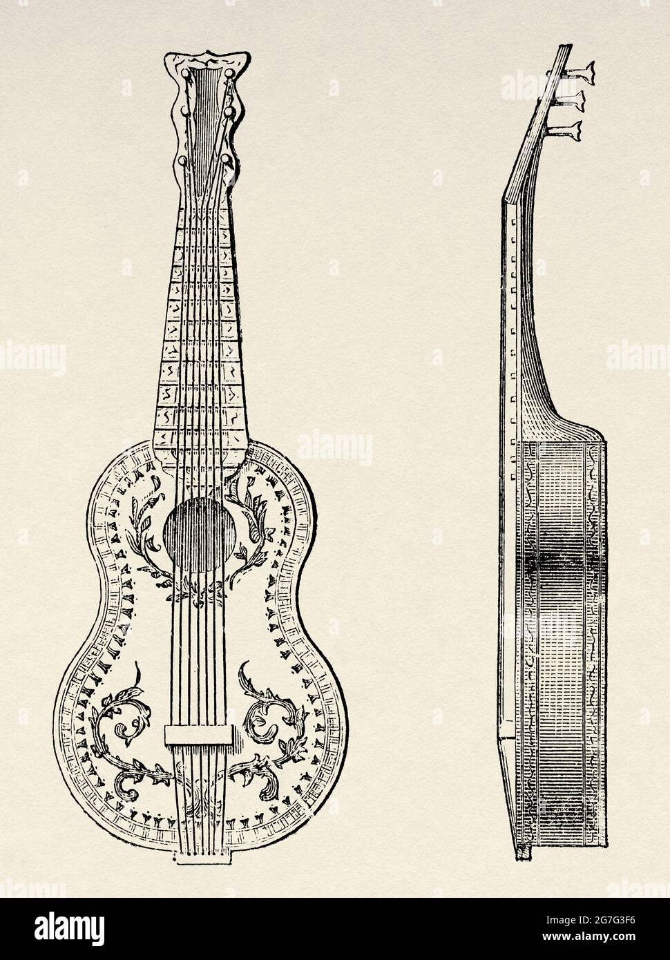 Seven-string zither musical instrument Dekan-of Jaipur, India. Old 19th century engraved illustration from El Mundo Ilustrado 1880 Stock Photo