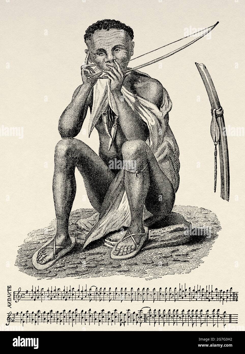 San or Bushman man playing a gorah (musical bow) southern Africa. Old 19th century engraved illustration from El Mundo Ilustrado 1880 Stock Photo