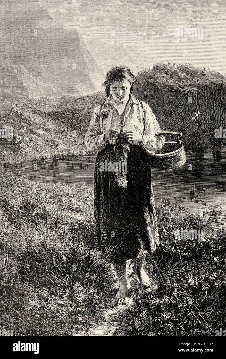 Young barefoot peasant girl in the mountains of Norway, Europe. Old