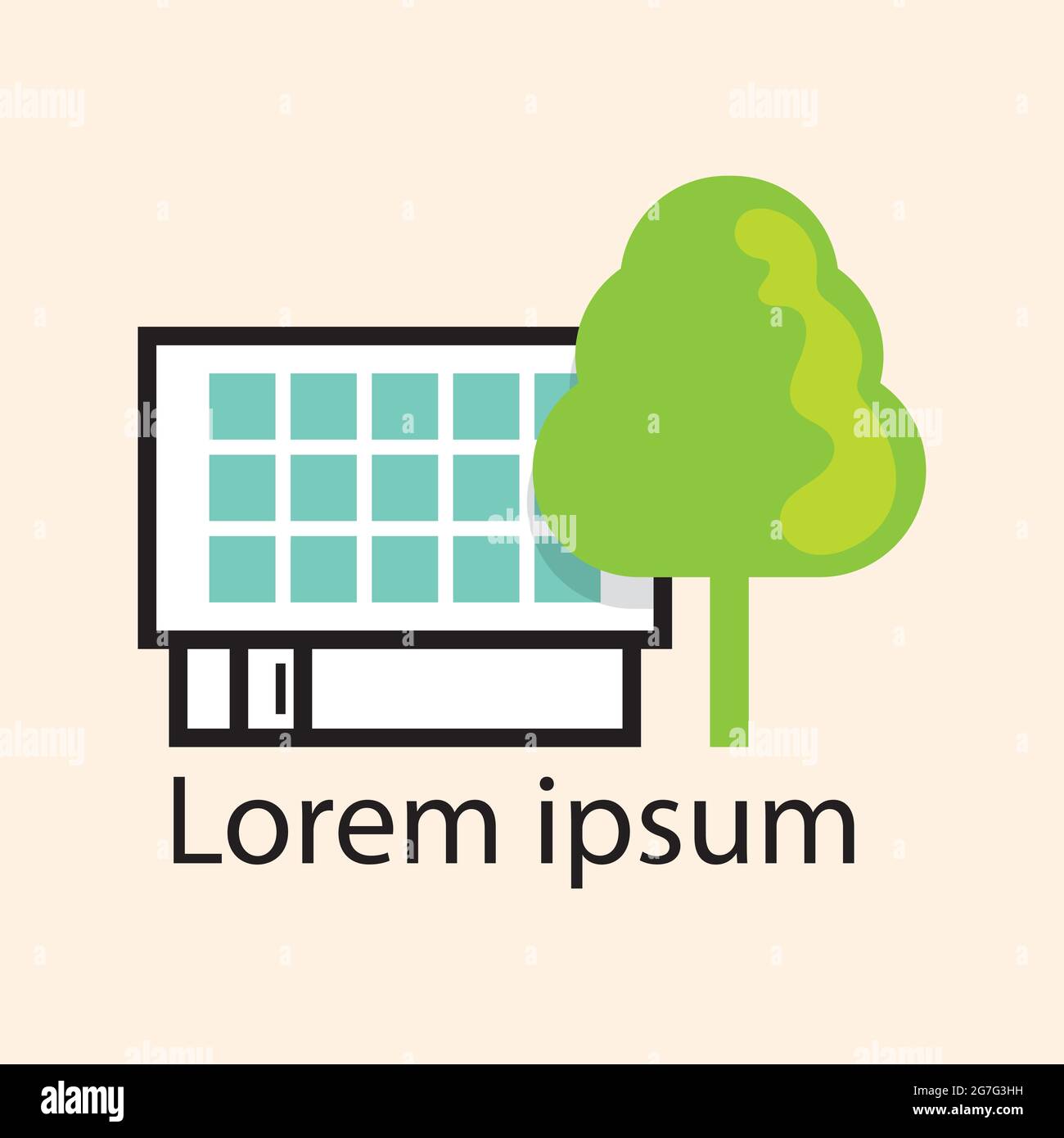 Vector business icon of simple graphic modern house with solar cell panels on the roof, big green tree is nearby the house. The concept for ECO home. Stock Vector