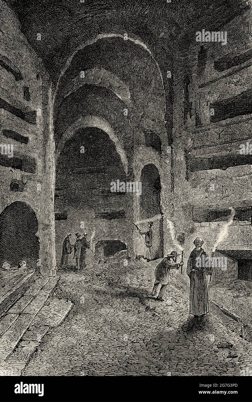 Catacombs of San Callisto, Rome, Lazio, Italy, Europe. Old engraved illustration from the 19th century, El Mundo Ilustrado 1880 Stock Photo