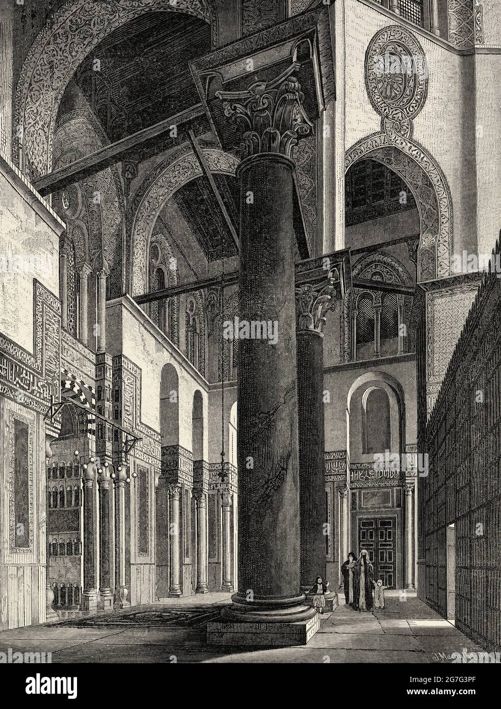 Mamluk architecture. Interior of the Mosque of Sultan Mohammed Ibn Qalawun, Cairo City. Egypt, North Africa. Old 19th century engraved illustration from El Mundo Ilustrado 1880 Stock Photo