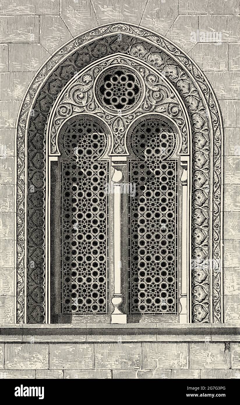 Mamluk architecture. Interior of the Mosque of Sultan Mohammed Ibn Qalawun, Cairo City. Egypt, North Africa. Old 19th century engraved illustration from El Mundo Ilustrado 1880 Stock Photo