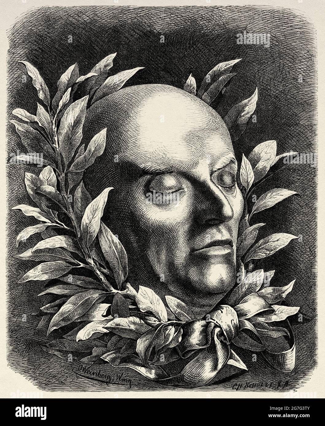 Friedrich schiller death mask. Old 19th century engraved illustration from El Mundo Ilustrado 1880< Stock Photo