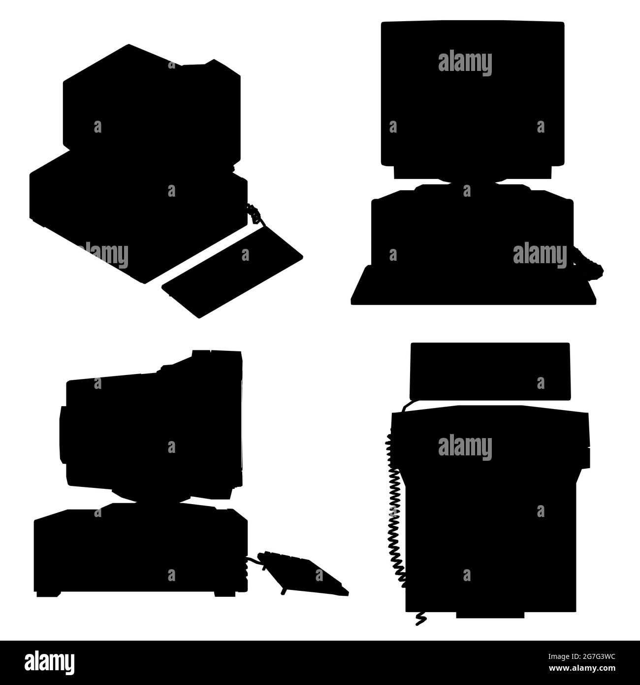 Set with silhouettes of an old computer in different positions isolated on a white background. Vector illustration. Stock Vector