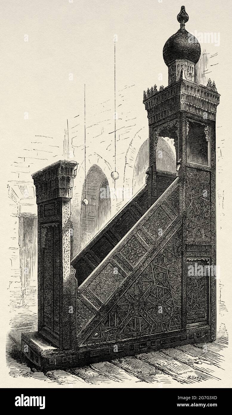 Mimbar or chair, Qait-Bey Muhamadi Mosque or Burial Mosque of Qait Bey, built by the Mamluk Sultan Qaitbay in 1488. Cairo. Egypt, North Africa. Old 19th century engraved illustration from El Mundo Ilustrado 1880 Stock Photo