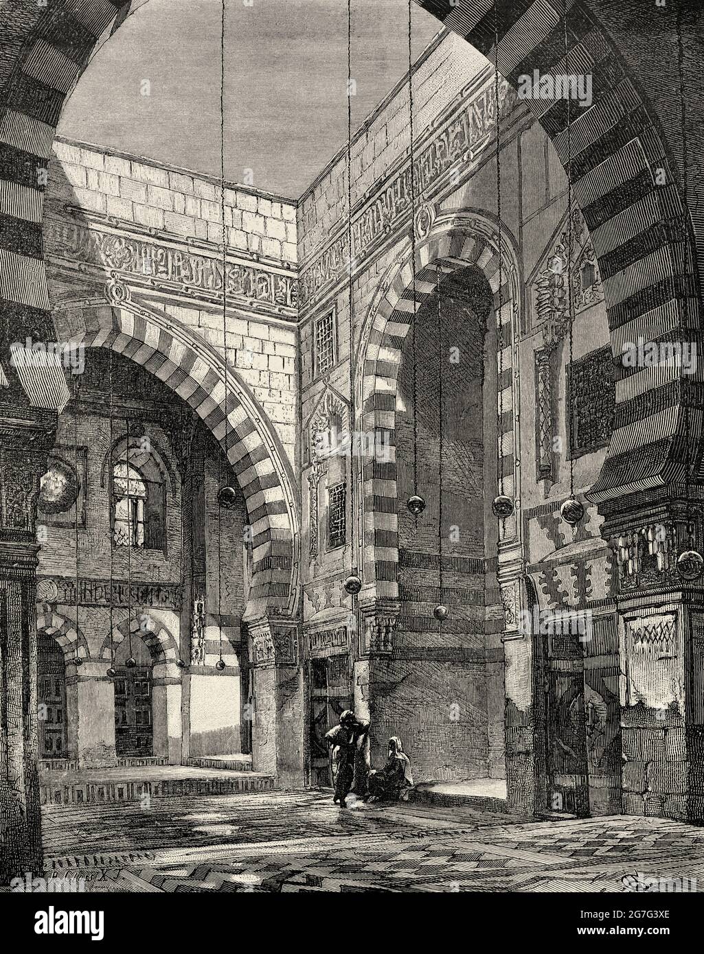 Qait-Bey Muhamadi Mosque or Burial Mosque of Qait Bey, built by the Mamluk Sultan Qaitbay in 1488, Cairo. Egypt, North Africa. Old 19th century engraved illustration from El Mundo Ilustrado 1880 Stock Photo
