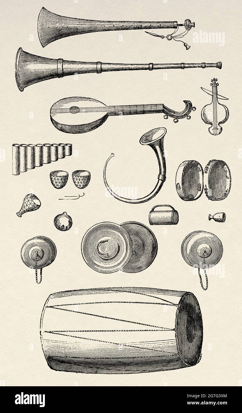 Ancient instruments of persian music. Shehnai, kind of flute. Long trumpet. Mandolin. Kiran shah. Curved trumpet. Pan flute. Different species of small drums, cymbals. Iran. Old 19th century engraved illustration from El Mundo Ilustrado 1880 Stock Photo