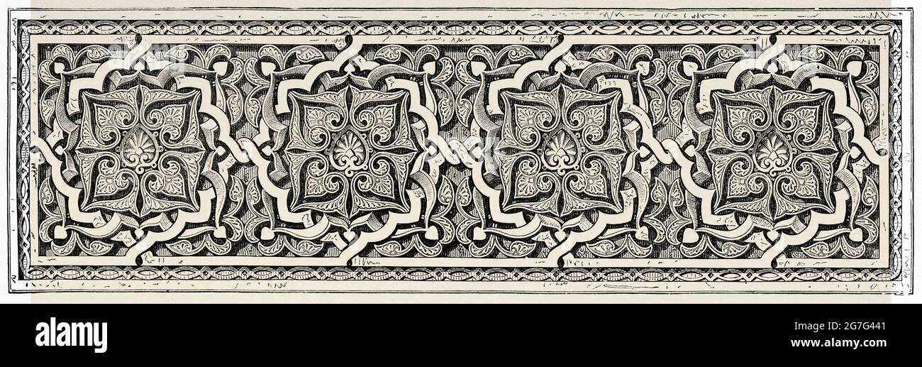 Arabesque drawings. Ornamentation of Carry Moristan of Kalaoun. The Qalawun complex built by Sultan al-Mansur Qalawun is located at Bayn al-Qasrayn on al-Mu'izz street, Cairo. Egypt, North Africa. Old 19th century engraved illustration from El Mundo Ilustrado 1880 Stock Photo