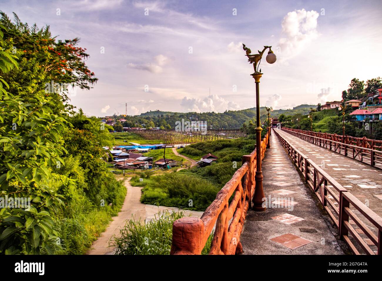 Mon Bridge, old wooden bridge at sunset in Sangkhlaburi, Kanchanaburi, Thailand Stock Photo