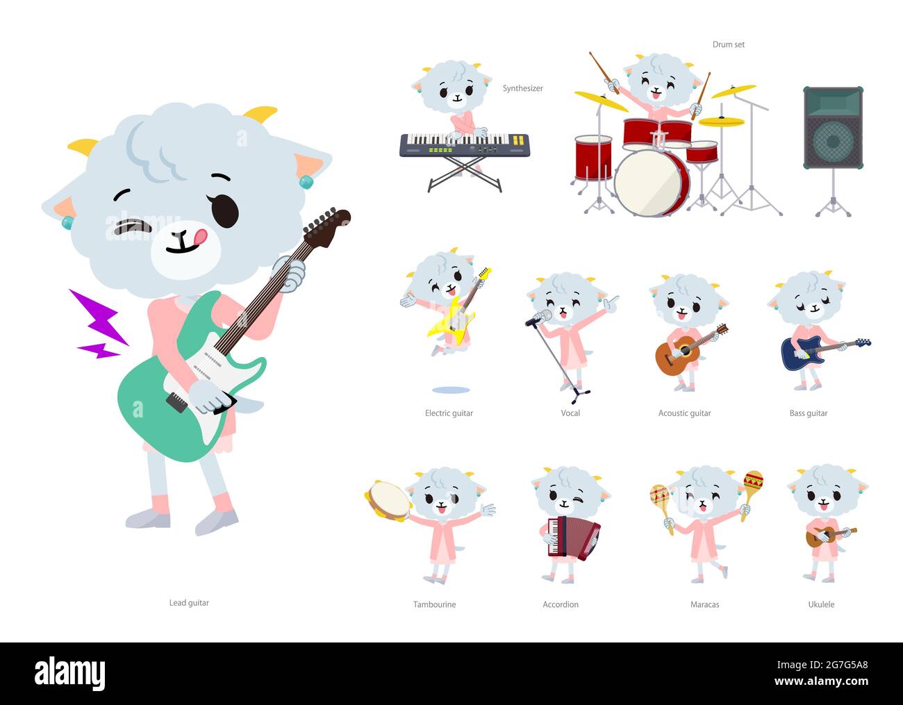 A set of Sheep girl playing rock 'n' roll and pop music.It's vector art so it's easy to edit. Stock Vector
