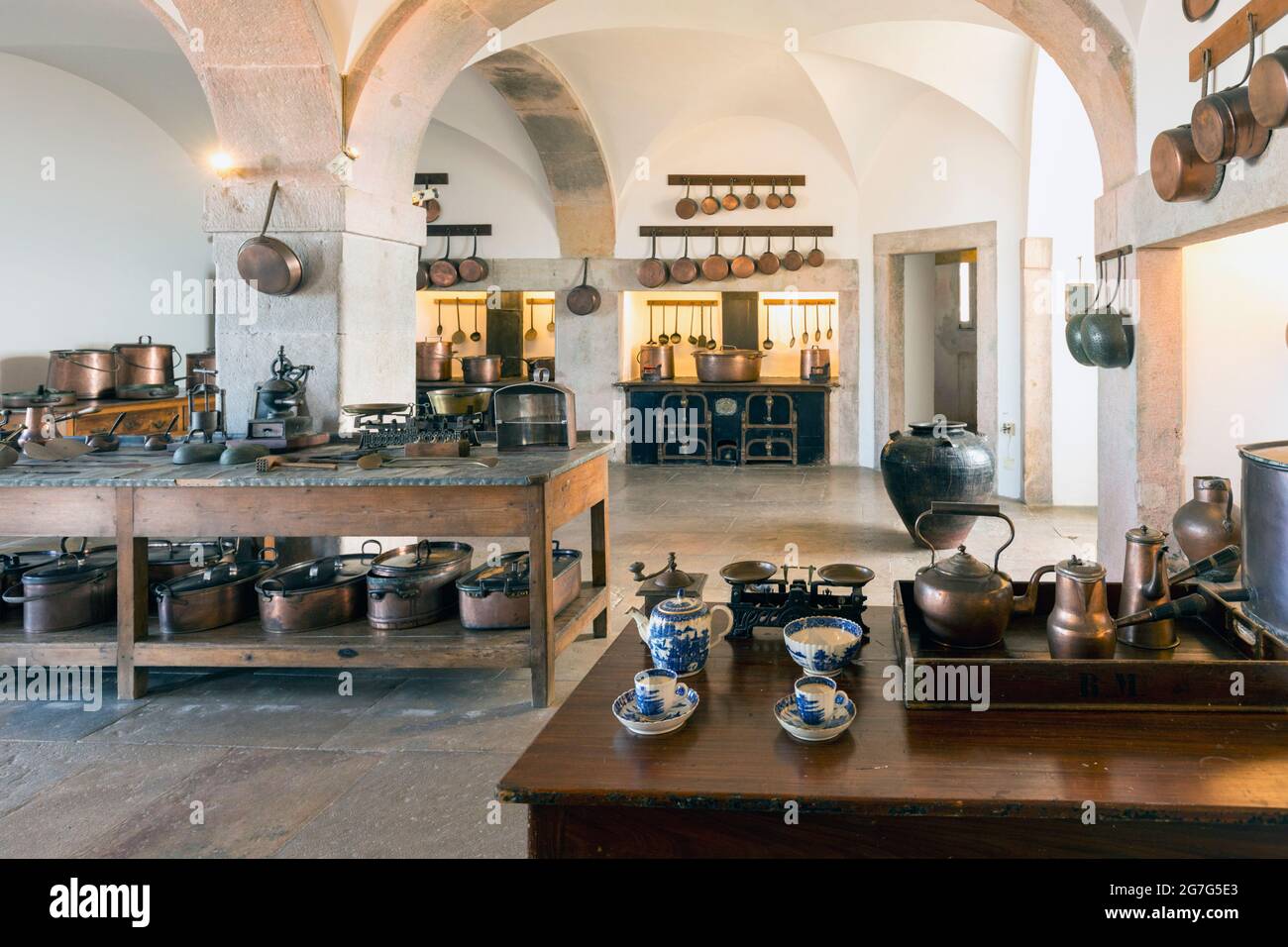 The main kitchen in the Pena National Palace, Sintra, Lisbon District, Portugal.  The Romantic style building dates from the first half of the 19th ce Stock Photo