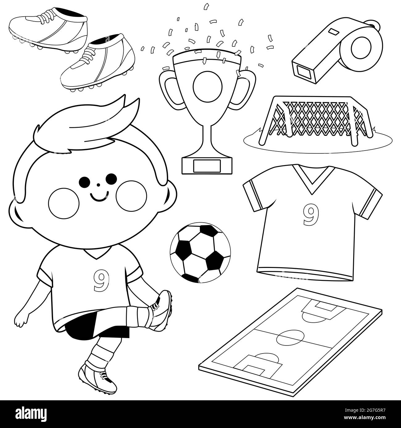 Little boy playing soccer. Black and white coloring page Stock Photo