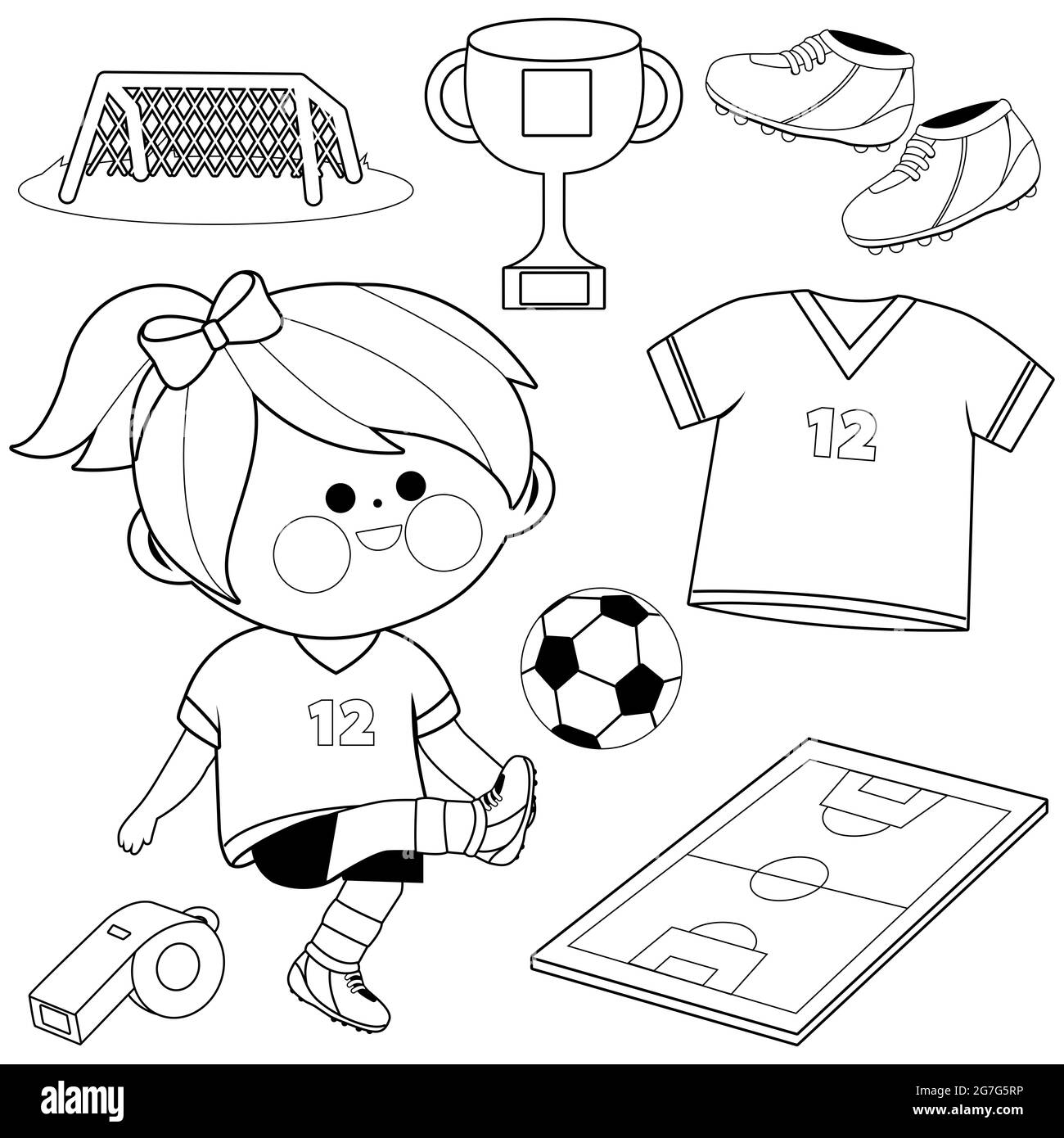 Little girl playing soccer. Black and white coloring page Stock Photo