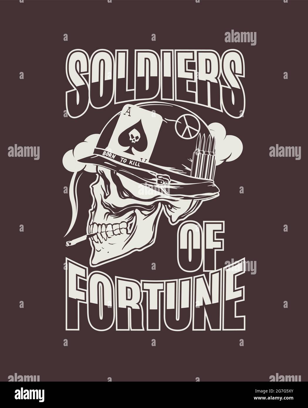 Hand drawing of a skull in a helmet of an American soldier during the Vietnam War with the inscription Soldiers of Fortune in the Vietnam War. For Stock Vector