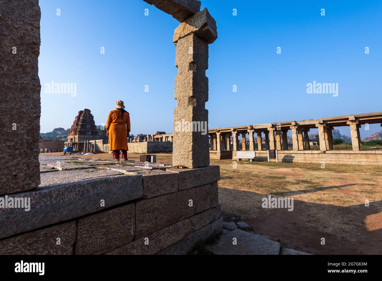 Aancient bazaar street group monuments at Hampi was the centre of the Hindu Vijayanagara Empire in Karnataka, India Stock Photo