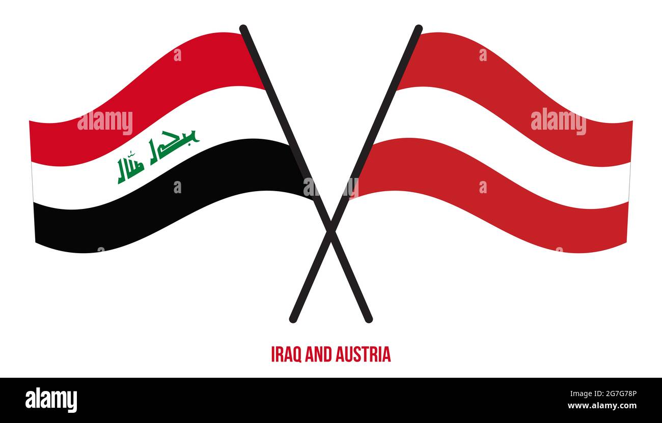 Iraq and Austria Flags Crossed And Waving Flat Style. Official Proportion. Correct Colors. Stock Photo