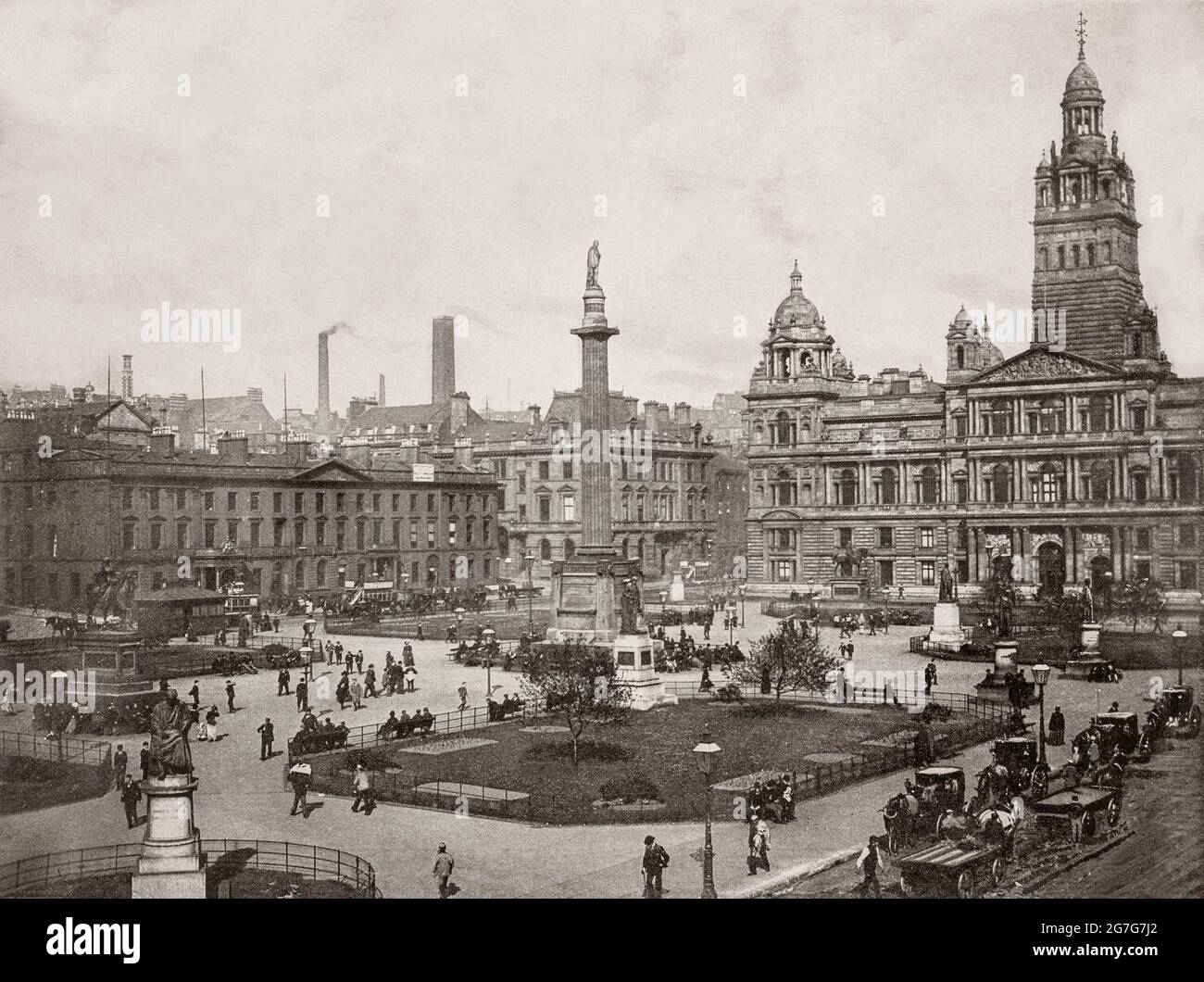 A late 19th century view of  George Square, the principal civic square in the city of Glasgow, Scotland. Named after King George III and initially laid out in 1781, it wasn't developed for another twenty years. The square memorial column to Walter Scott is surrounded by architecturally important buildings including (right)  the palatial Municipal Chambers, also known as the City Chambers, whose foundation stone was laid in 1883. Stock Photo
