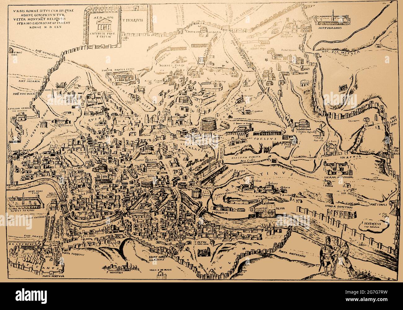 A 16th century map of the city of Rome, Italy, showing the major landmarks , buildings and names in Latin, in 1570 Stock Photo
