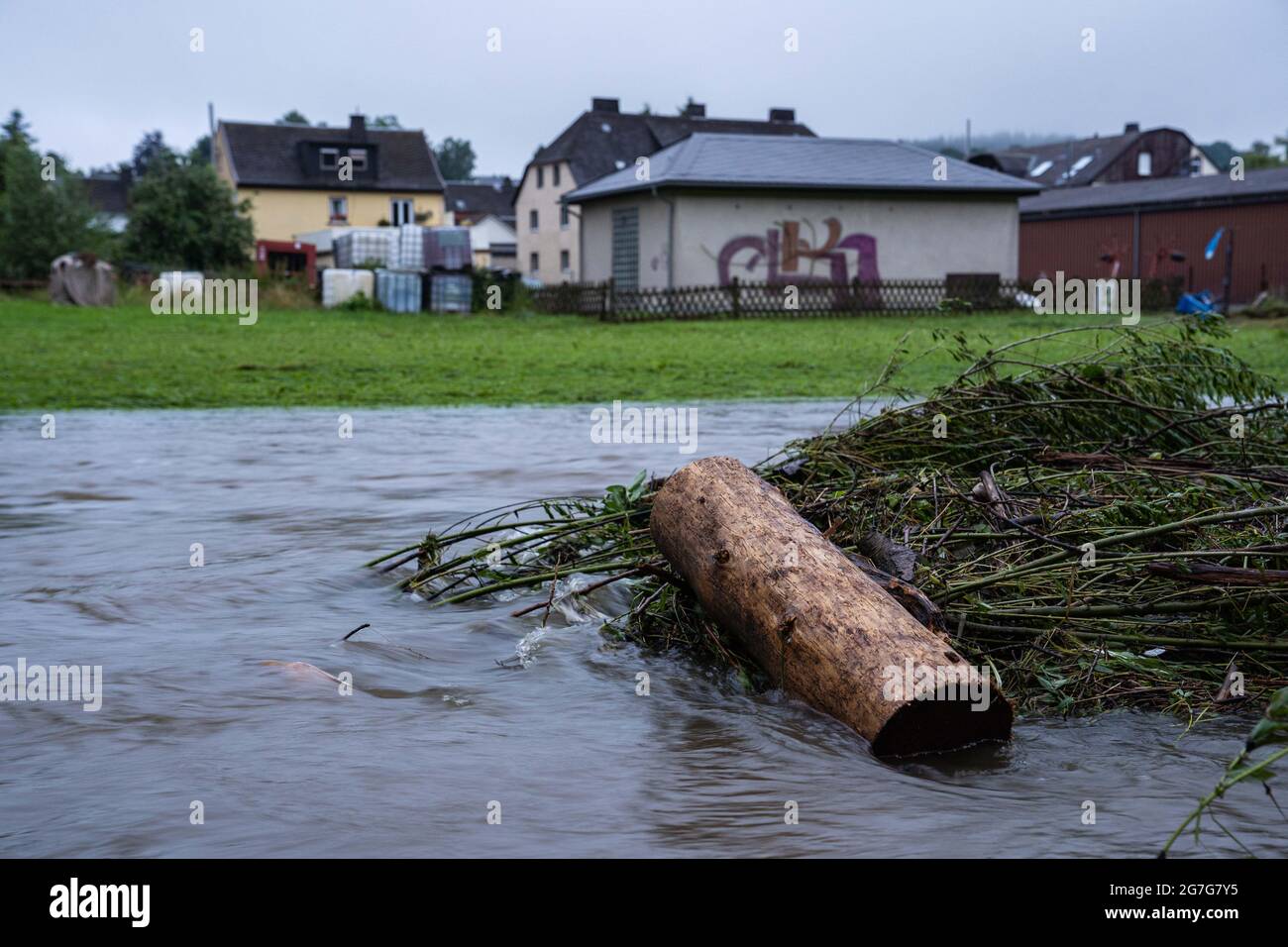 Selbitz, Germany. 14th July, 2021. The Selbitz has become a raging ...