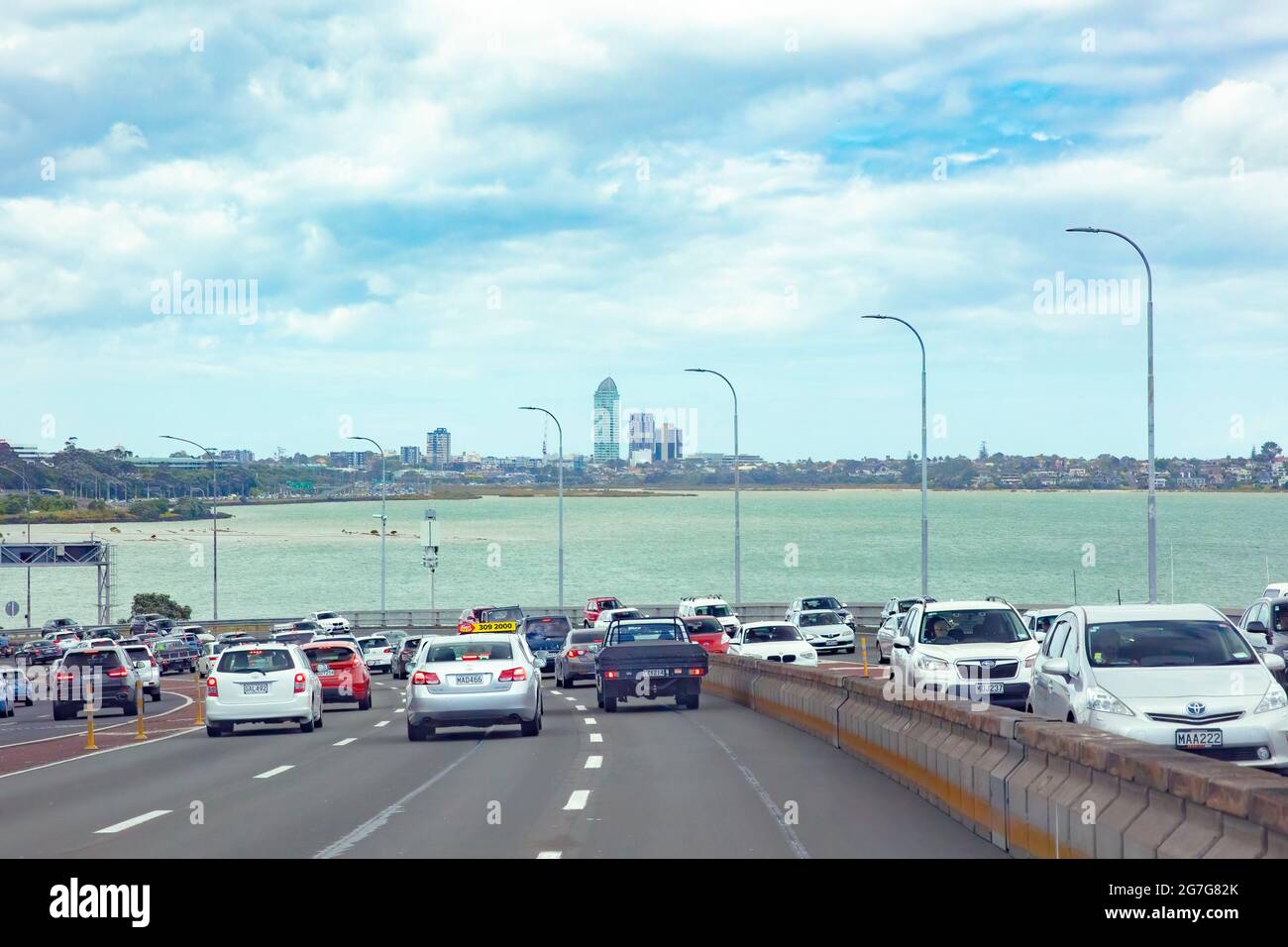 Auckland cbd with Sky Tower view taken from Auckland Southern Motorway, New Zealand on December 9, 2019 Stock Photo