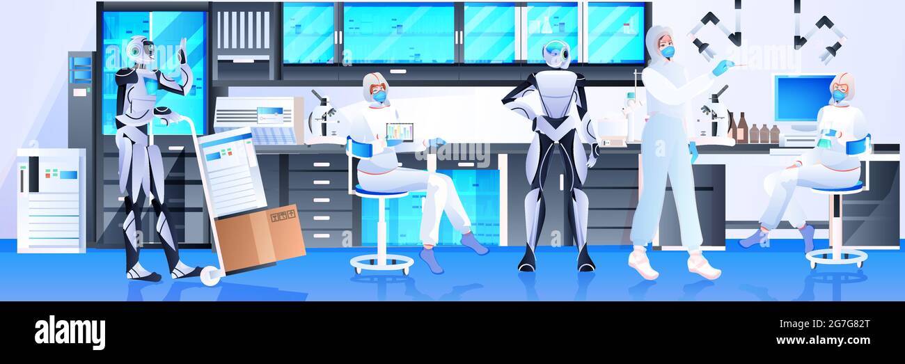 robots with scientists in protective suits making experiments in lab ...