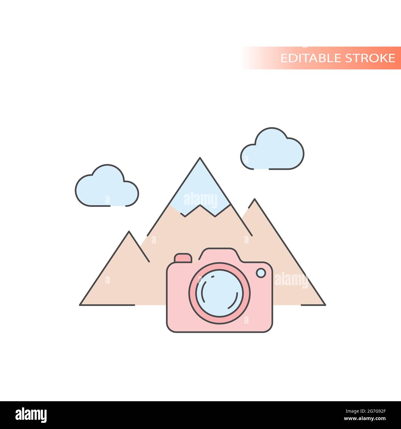 Photo camera and mountain peak line vector icon. Photography in nature, outdoors outline, editable stroke and colorful fill. Stock Vector