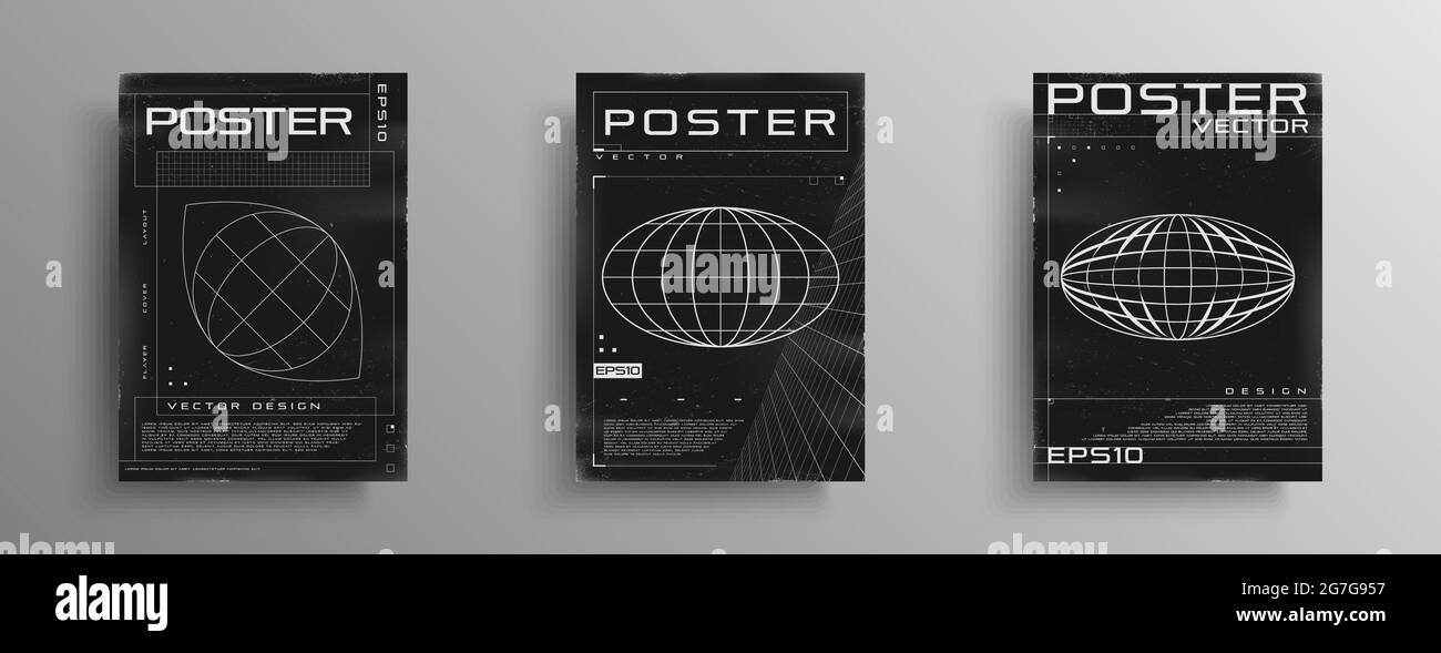 Set of retrofuturistic posters with HUD elements, laser grid, perspective grid, and wireframe ellipse planet. Black and white retro cyberpunk style Stock Vector