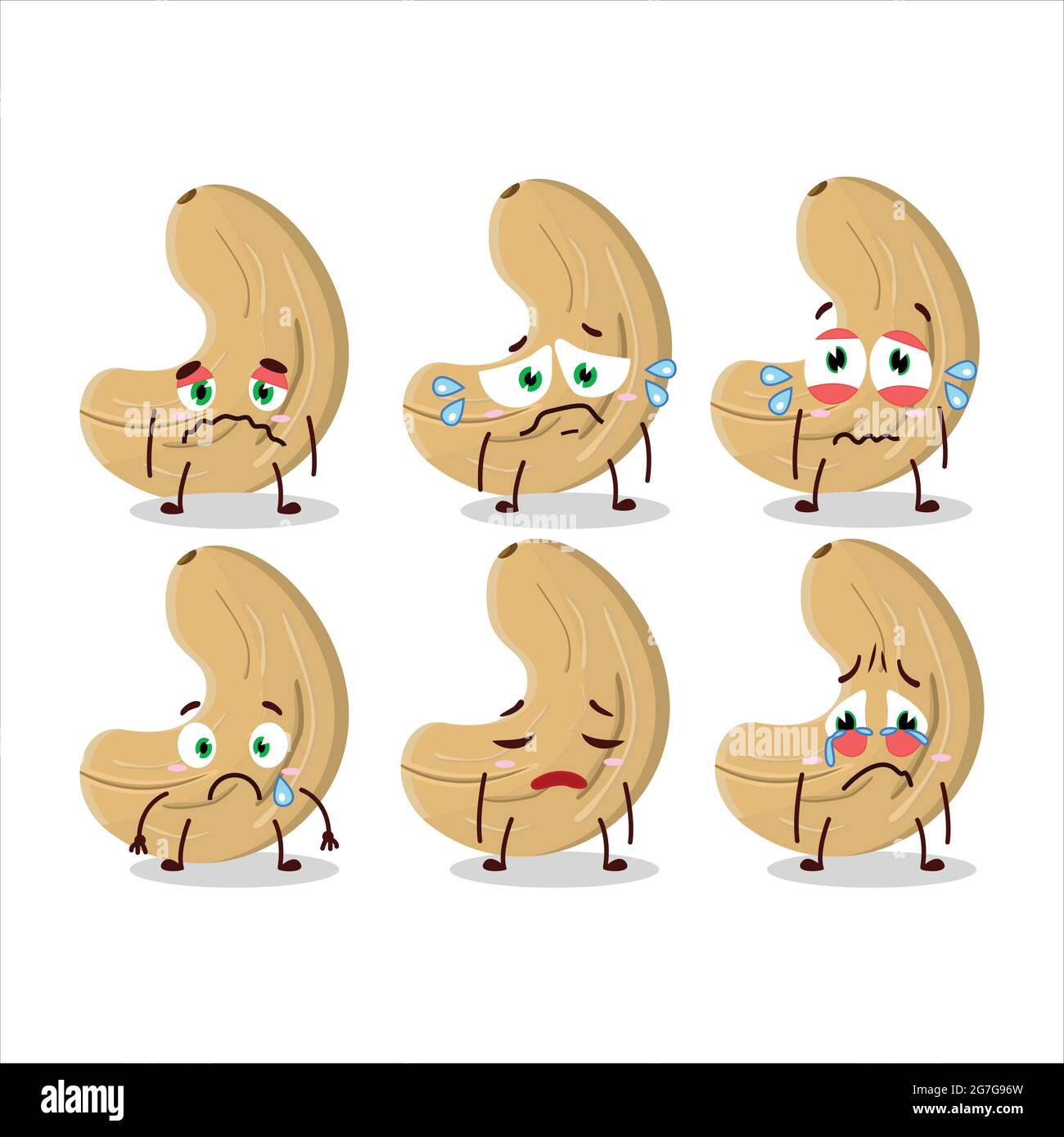 Cashew nuts cartoon character with sad expression. Vector illustration