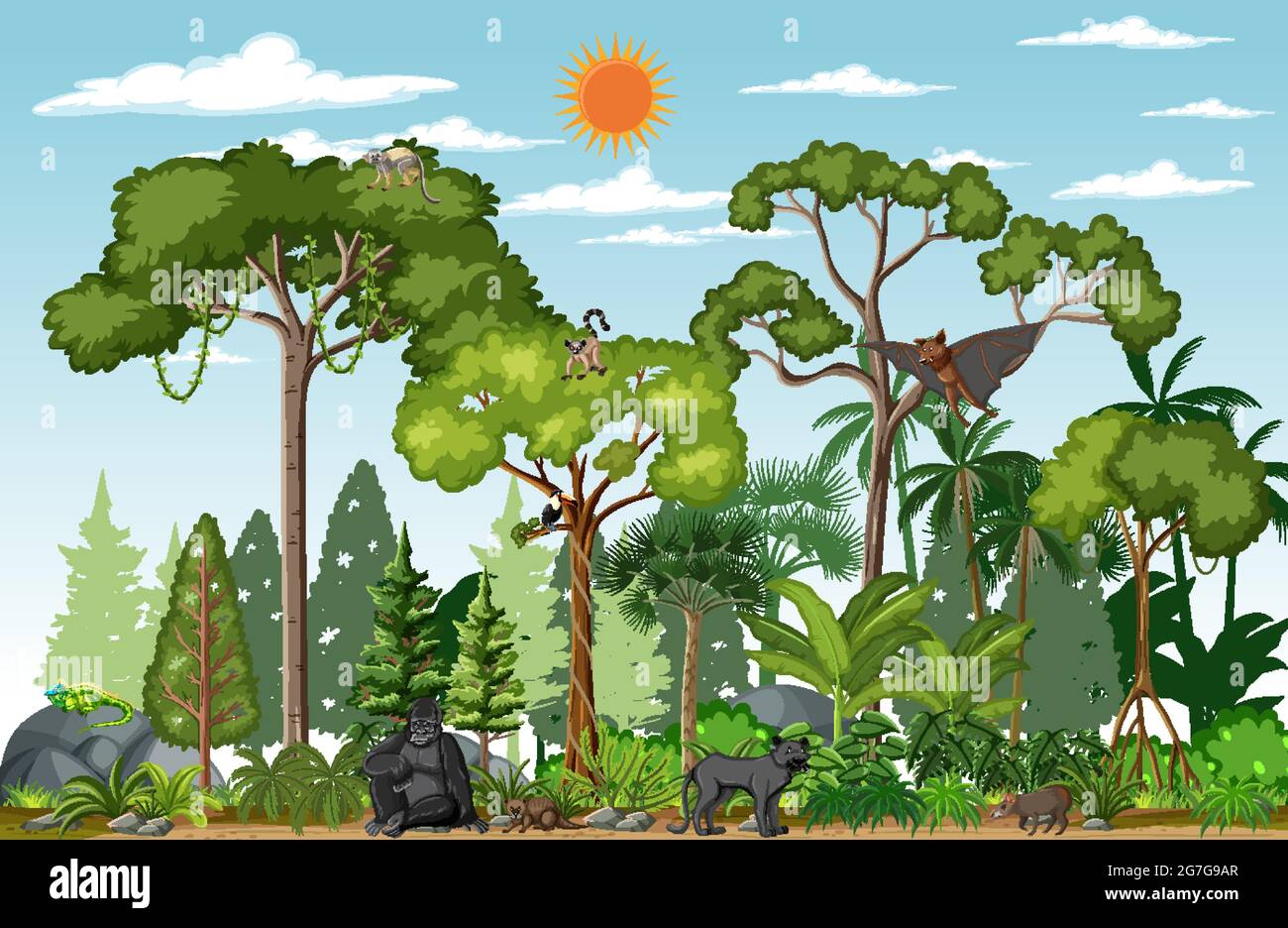 Tropical rainforest scene with various wild animals illustration Stock