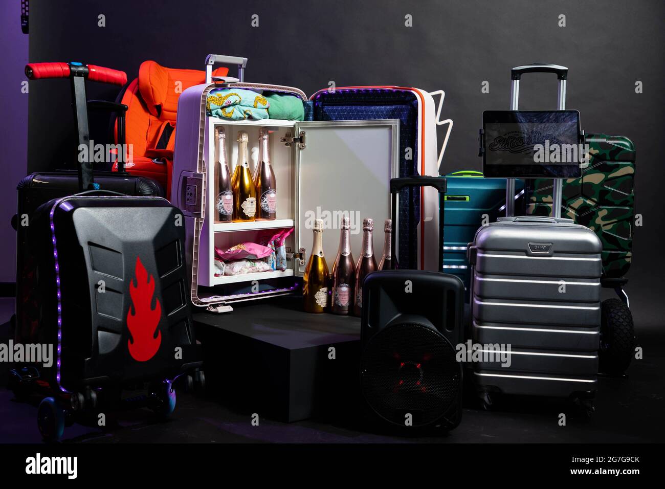 EDITORIAL USE ONLY A unique collection of luggage, which includes the  refrigerated Champagne Super-Roller, in unveiled as Premier Inn launches  Wheelies: The Suitcase Mechanics, the world???s-first car garage turned  suitcase upgrade shop,