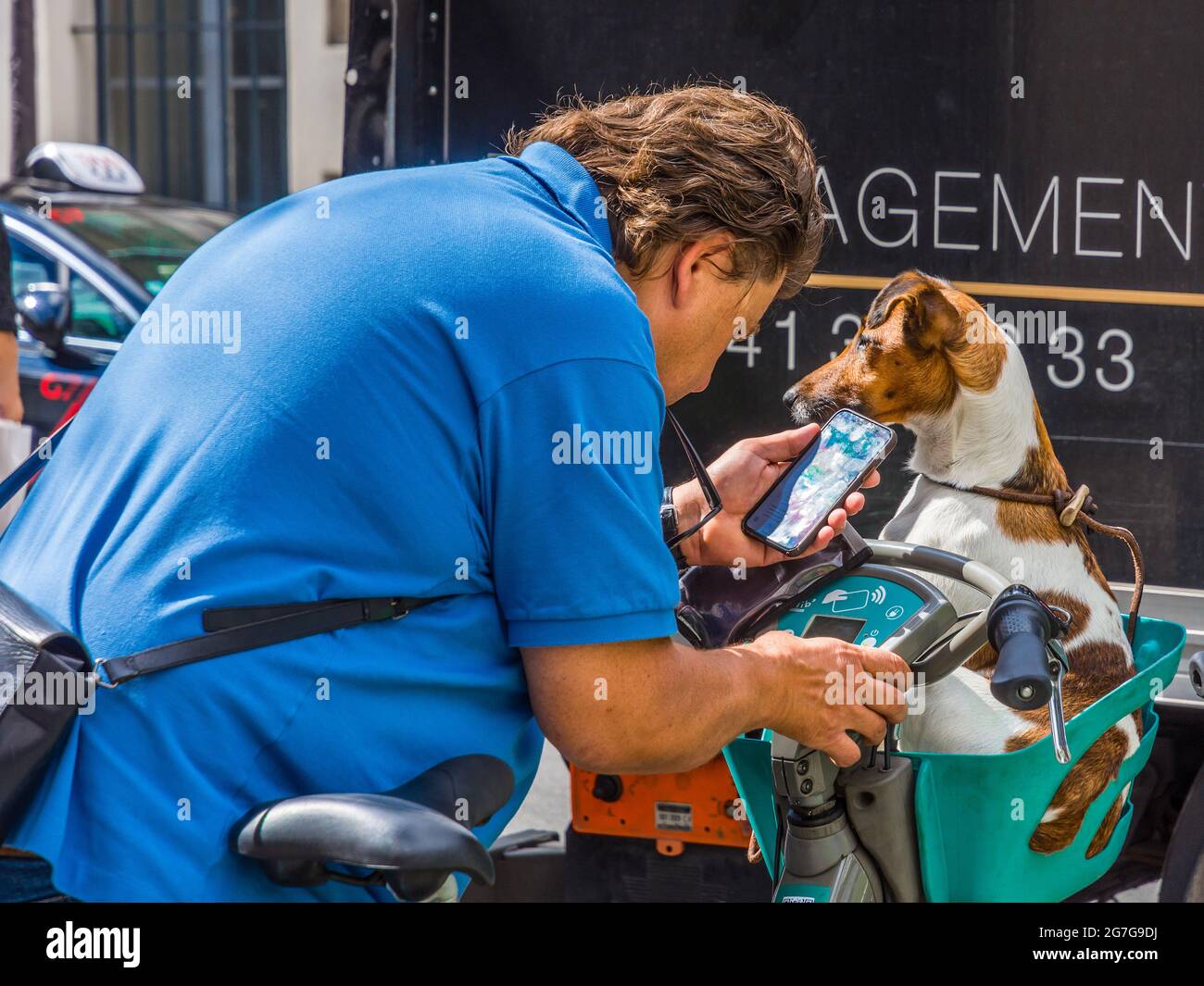 Man with dog planning route using cycle hire transportation - Paris, France. Stock Photo