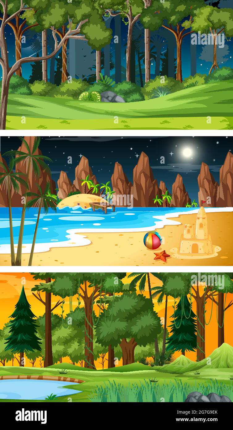 Three different nature horizontal scenes illustration Stock Vector
