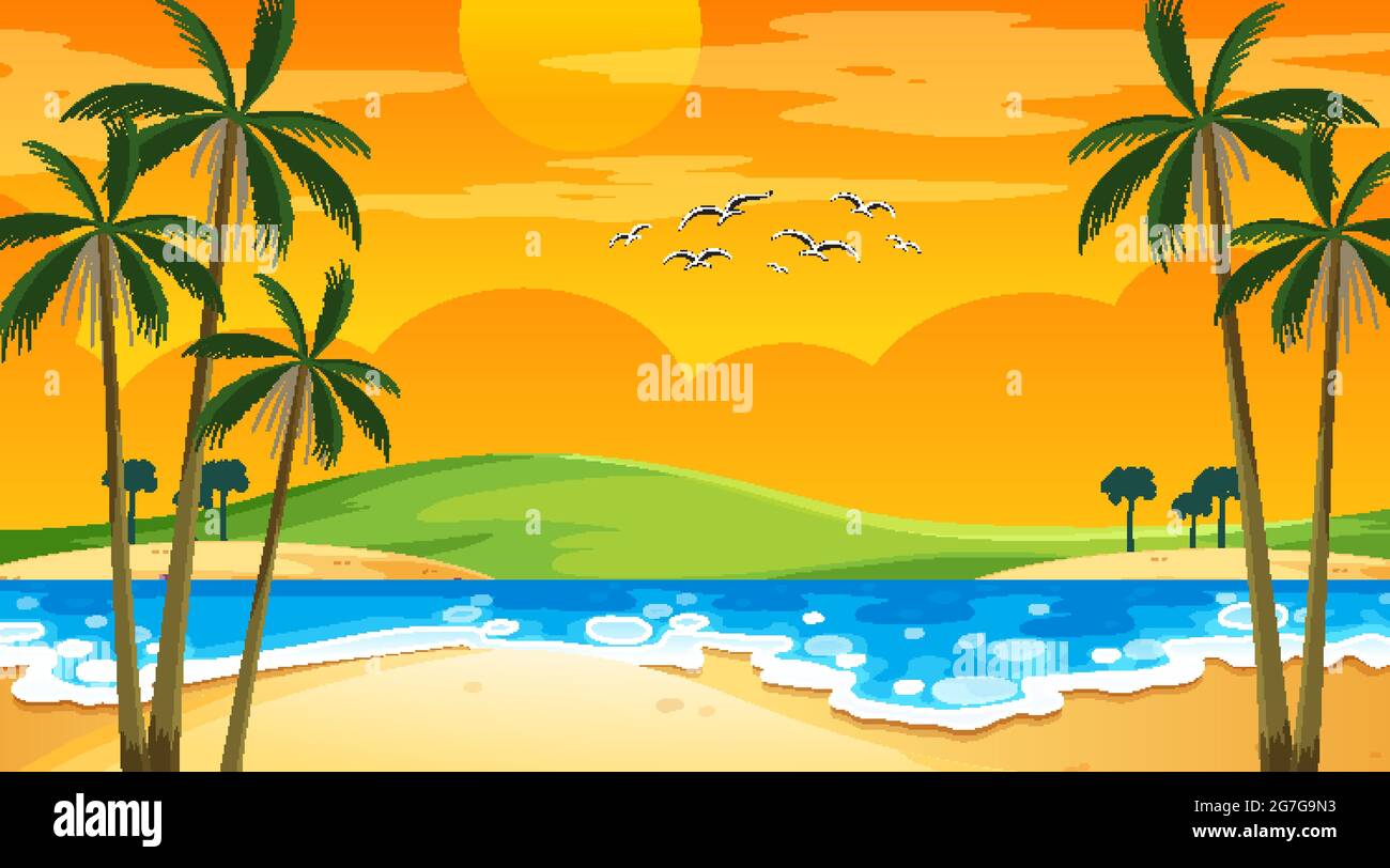 Beach at sunset time landscape scene with palm trees illustration Stock ...