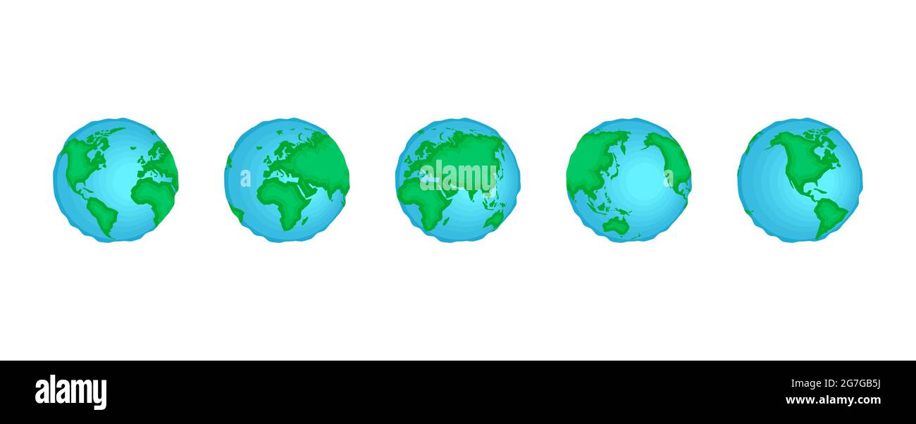 Planet Earth sphere rotate set. World map in globe shape spinning collection. Continents and oceans vector eps isolated illustration on white background Stock Vector