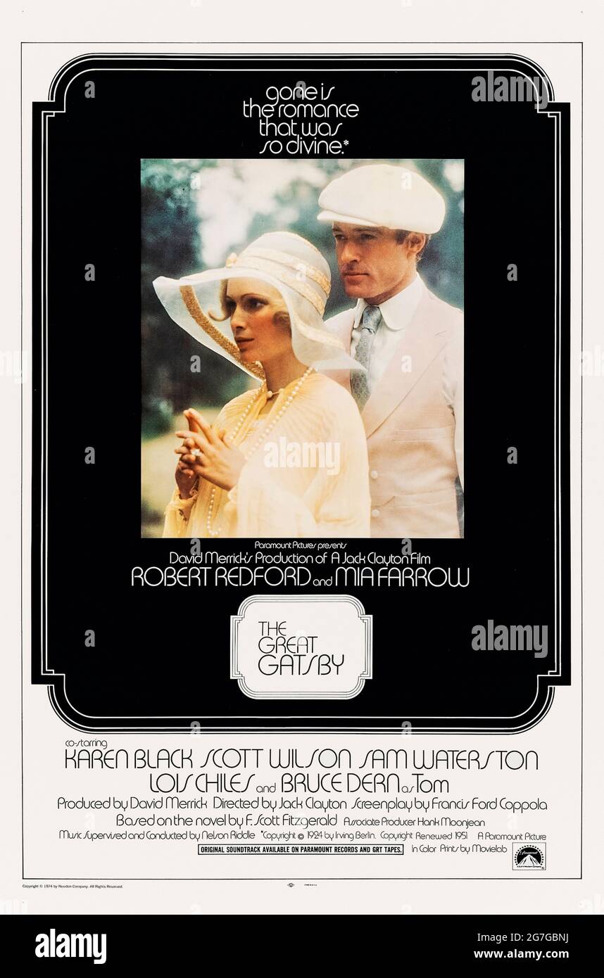 The Great Gatsby (1974) directed by Jack Clayton and starring Robert Redford, Mia Farrow, Bruce Dern and Scott Wilson. Big screen adaptation of F. Scott Fitzgerald novel about the wealthy Jay Gatsby and his obsession with Daisy Buchanan. Stock Photo